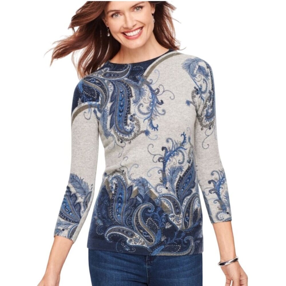 Talbots Audrey Cashmere Paisley Medallion Crewneck Sweater Green Lavender Size S - Picture 5 of 9